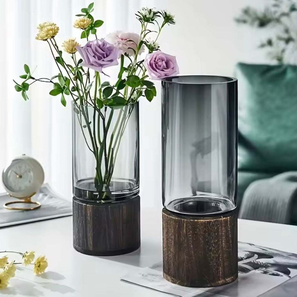 Smoky Glass Vase Set with Wooden Base