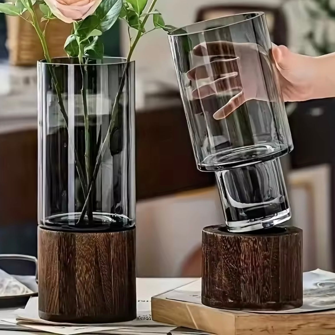 Smoky Glass Vase Set with Wooden Base