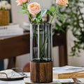 Smoky Glass Vase Set with Wooden Base