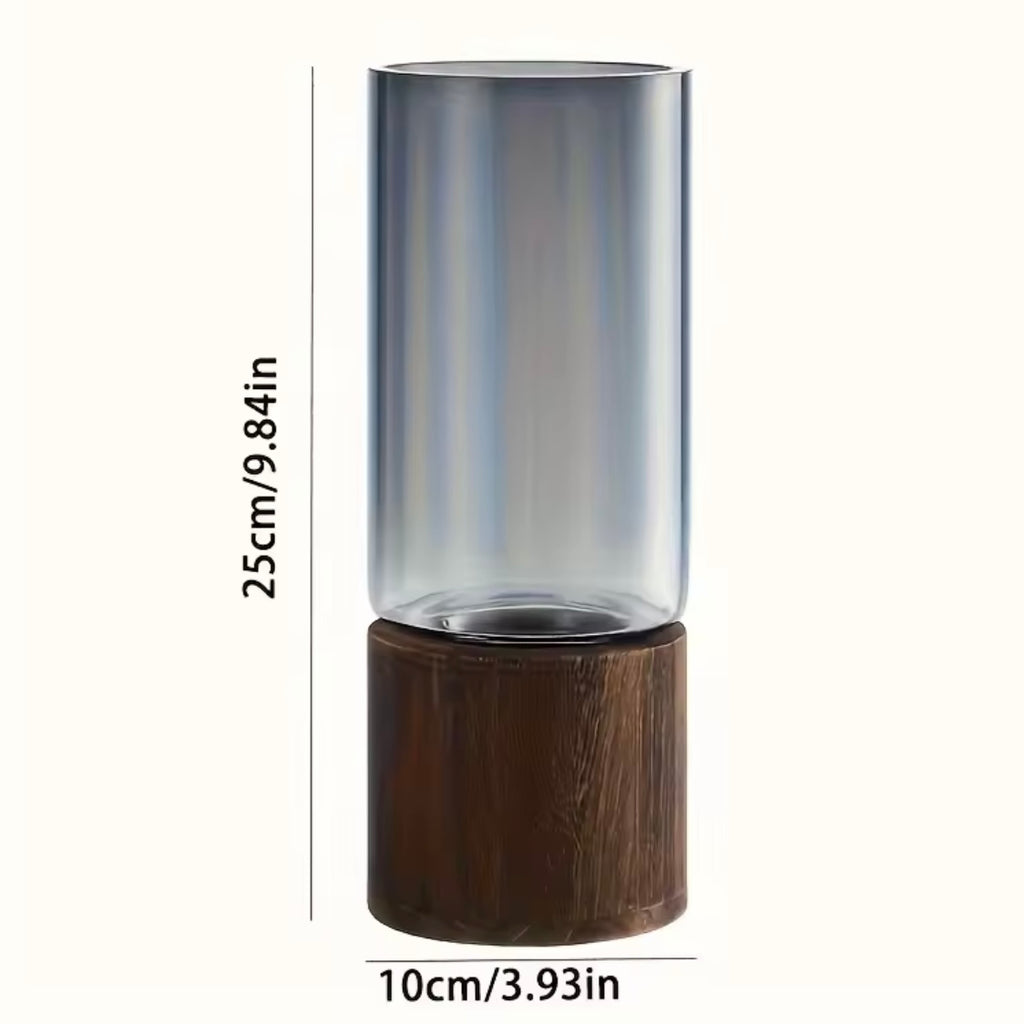 Smoky Glass Vase Set with Wooden Base