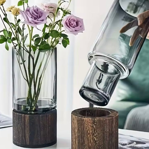 Smoky Glass Vase Set with Wooden Base