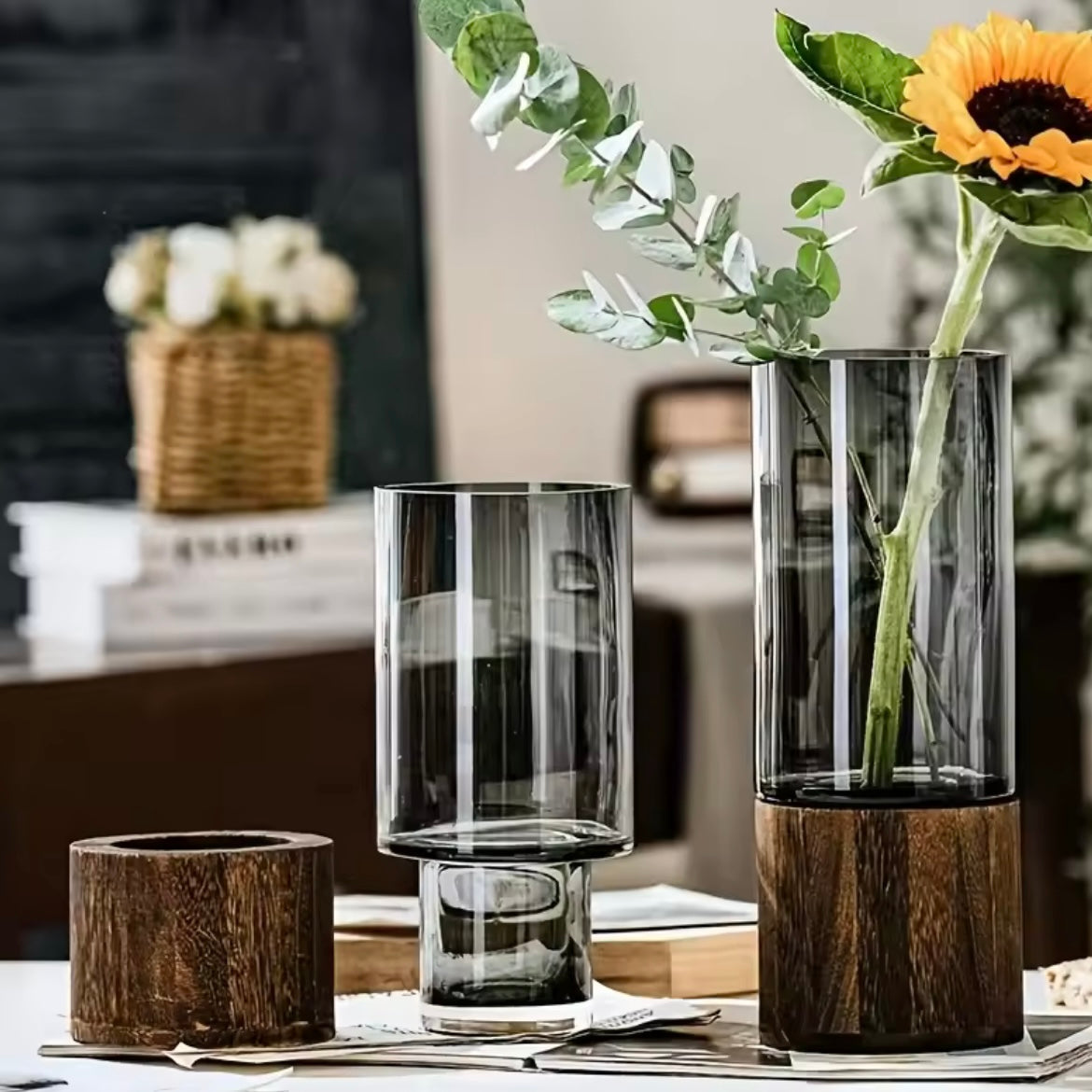 Smoky Glass Vase Set with Wooden Base